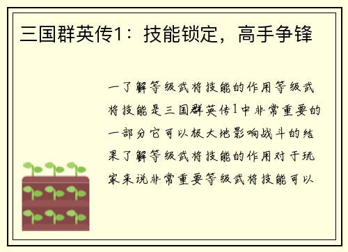 三国群英传1：技能锁定，高手争锋